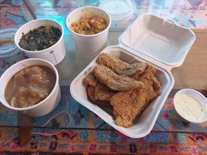 Catfish plate with extra Cajun Mac side at Dirty Lettuce in Portland