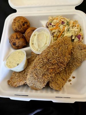Vegan catfish, slaw, & hushpuppies   at Dirty Lettuce in Portland