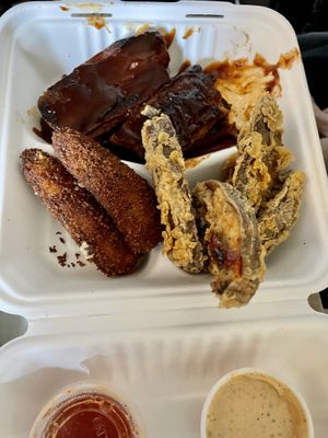 The bbq ribs, portobello mushroom fries, jalapeño poppers  at Dirty Lettuce in Portland
