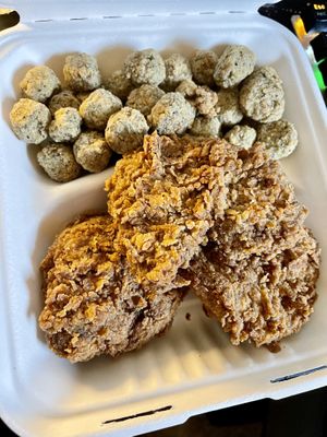 Fried chicken’, fried okra  at Dirty Lettuce in Portland