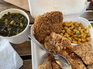 The chicken is at the top, the rest is catfish. So very good!!  at Dirty Lettuce in Portland