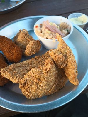 Catfish plate with jalapeno poppers at Dirty Lettuce in Portland