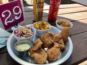 Catfish plate with tartar, slaw, cajun mac + small Infamous Bowl (fried chicken with mashed potato, corn, gravy) at Dirty Lettuce in Portland