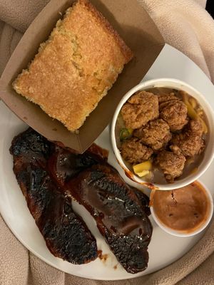 BBQ “ribs”, incredible bowl, corn bread at Dirty Lettuce in Portland