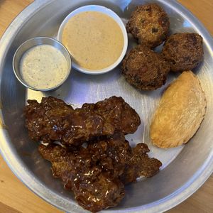 wings, hush puppies, spinach pie  at Dirty Lettuce in Portland