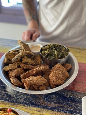 Cat fish, portobello fries and collard greens   at Dirty Lettuce in Portland