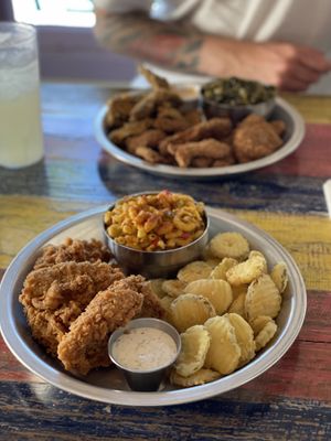 Fried chicken, Mac & cheese and pickle friess  at Dirty Lettuce in Portland