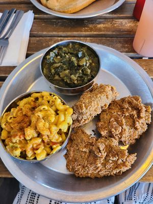 Fried chicken, greens, and Mac n cheese. Very healthy portions! at Dirty Lettuce in Portland