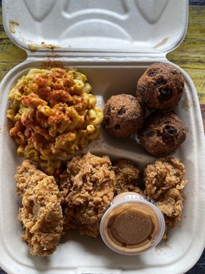 Fried chicken plate with mac + hush puppies   at Dirty Lettuce in Portland