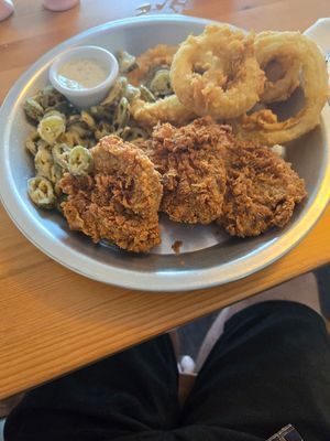 Fried Chicken, fried jalapeños and walla walla onion rings at Dirty Lettuce in Portland