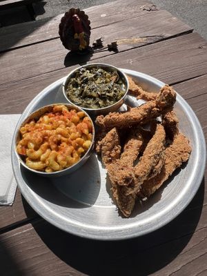 Catfish platter with Mac and cheese & collard greens   at Dirty Lettuce in Portland