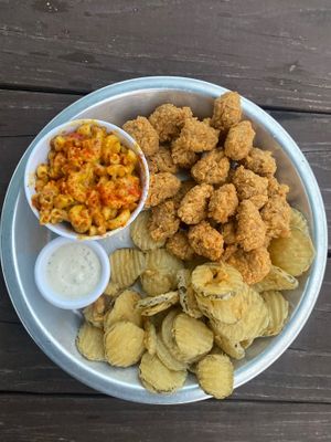Popcorn chicken, cajun mac, fried pickles, and ranch. Delicious!  at Dirty Lettuce in Portland