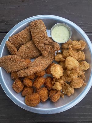 Catfish, fried cauliflower, and fried eggplant!  at Dirty Lettuce in Portland