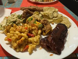 Clockwise from the top: catfish, fried pickles, bbq ribs, Mac and cheese, coleslaww #Veganuary at Dirty Lettuce in Portland