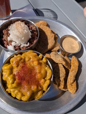 Catfish with Mac n cheese & red beans & rice at Dirty Lettuce in Portland