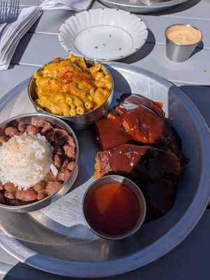 Ribs, Mac and cheese, red beans & rice at Dirty Lettuce in Portland
