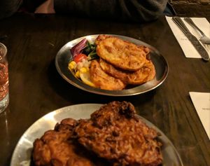 Allowed chips - amazing! Plus onion bhaji great too. at Jinnah Bistro in Shipley