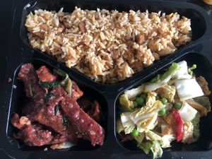 Nasi, one veg, one faux meat at De Vegetarische Toko in The Hague