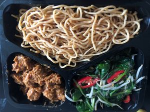 Bami, one veg, one faux meat at De Vegetarische Toko in The Hague