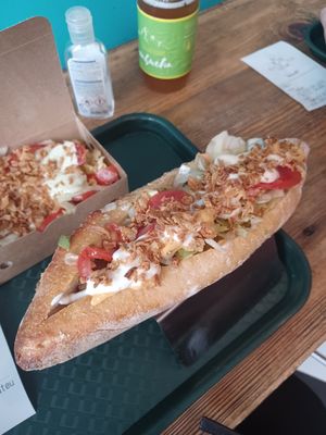 Falafel sandwich (the baguette bread is only for Bastille day though). at Gustavo in Grenoble