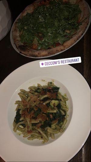 Bacon made from rice on pasta and plant based sausage pizza  at Cecconi's in Miami Beach