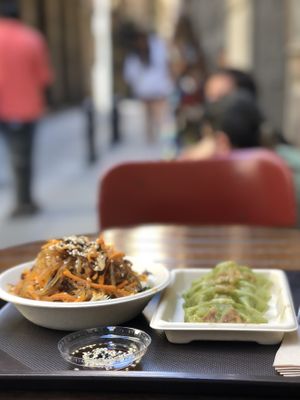 Japchae and mandu / outside table  at La Picnic in Barcelona