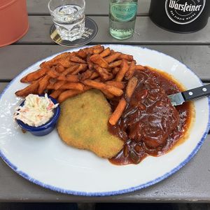 Vegan schnitzel with sweet potato fries    at Schwan in Dusseldorf