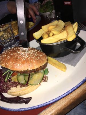 Vegan burger with fries  at Schwan in Dusseldorf
