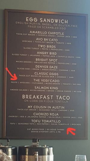 Food menu with Vegi'cado sandwich & tofu tomatillo taco. They stop serving food at 2 pm. at Conscious Cup in Libertyville