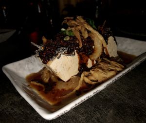 Vegan: crispy Tofu appetizer with amazing fried crunchy onion on top  at Kodaiko in Sacramento