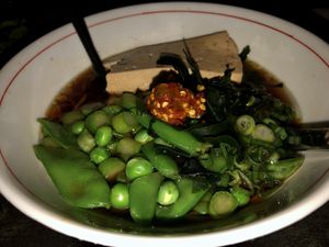 Vegan: shoyu ramen with the necessary addition of chili sauce  at Kodaiko in Sacramento
