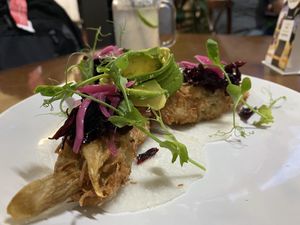 ‘Fish’ tacos mushrooms breaded with shredded coconut... jicama tortilla.. avocado and beets at Edén in Guadalajara