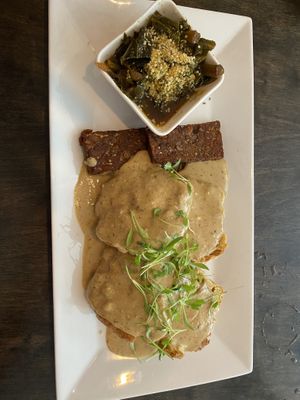 Biscuits and gravy with tempeh bacon and greens  at Box Bar in West Seattle
