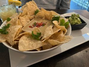 Cashew Queso w/Tortilla Chips + Guac at Box Bar in West Seattle