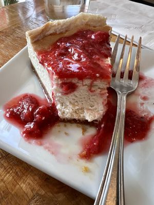 Vegan Cheesecake with graham cracker crust, strawberry, rhubarb, pinelake cellar compote.  at Box Bar in West Seattle