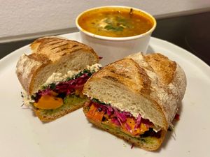 autumnal sandwich + soup of the day (plated at home) at Box Bar in West Seattle