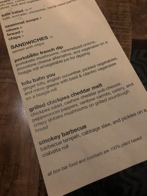 Menu at Box Bar in West Seattle