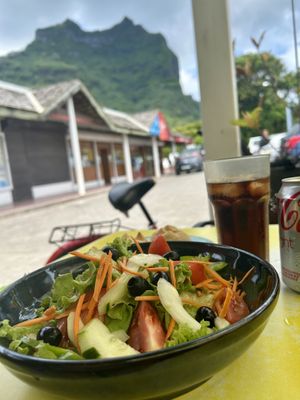 Large garden salad and bread   at Aloe Cafe in Bora Bora