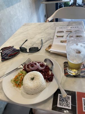 Jackfruit in the style of corned beef with rice. With Nipa Brew on tap.  at Botany by WTH Foods in Makati