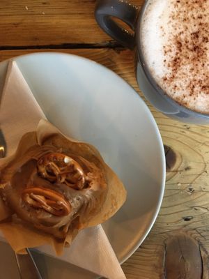 Salted caramel pretzel cupcake with cacao and reishi “latte" #Veganuary at Buddhas Kitchen & Wellness Lounge in Launceston