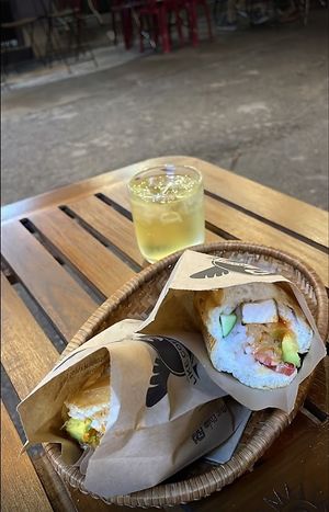 VEG BANHMI 
INGREDIENT : TOFU, AVOCADO, CARROT, CUCUMBER, TOMATO, VEG PORK PIE.
SAUCE : CHILLI, SOY SAUCE. at Like Coffee - BanhMi in Ho Chi Minh City