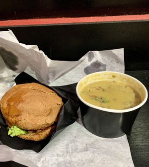 mushroom 🍔  and pumpkin-lentil 🍜  at Veganuti in Kyiv