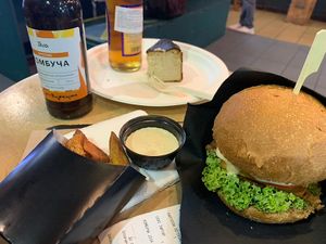 Kombucha, fries and burger at Veganuti in Kyiv
