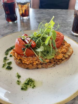 Tofu bacon on sourdough with avocado and tomatoes   at LEAF Smithdown in Liverpool