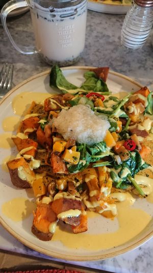 Vegan dosa brunch with coconut milk chai latte at LEAF Smithdown in Liverpool