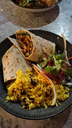 Delicious seitan vegan kebab with fruity pilaf at LEAF Smithdown in Liverpool