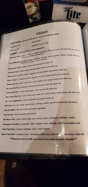 Vegan menu at Coconut Thai Cuisine in Statesboro
