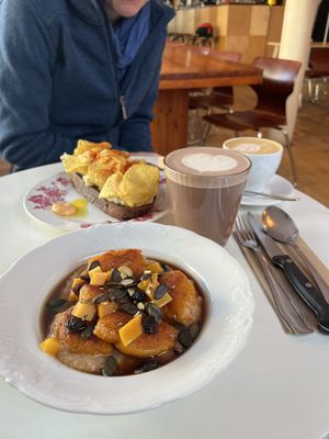 Vegan breakfast - other food is available after 5 pm. The one with the pumpkin was delicious but very sweet. The other dish was ok.  at Resort in Warsaw
