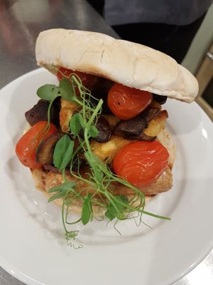 Vegan breakfast stack bap with vegan bacon, vegan sausage, hash brown, mushrooms & tomatoes at Ginny's Teapot in Hawkshead