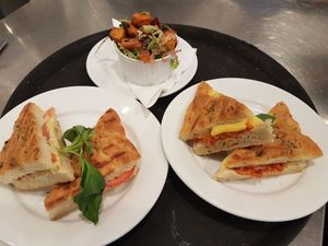 Homemade vegan cheeze and tomato paninis with a side of sweet potato salad at Ginny's Teapot in Hawkshead